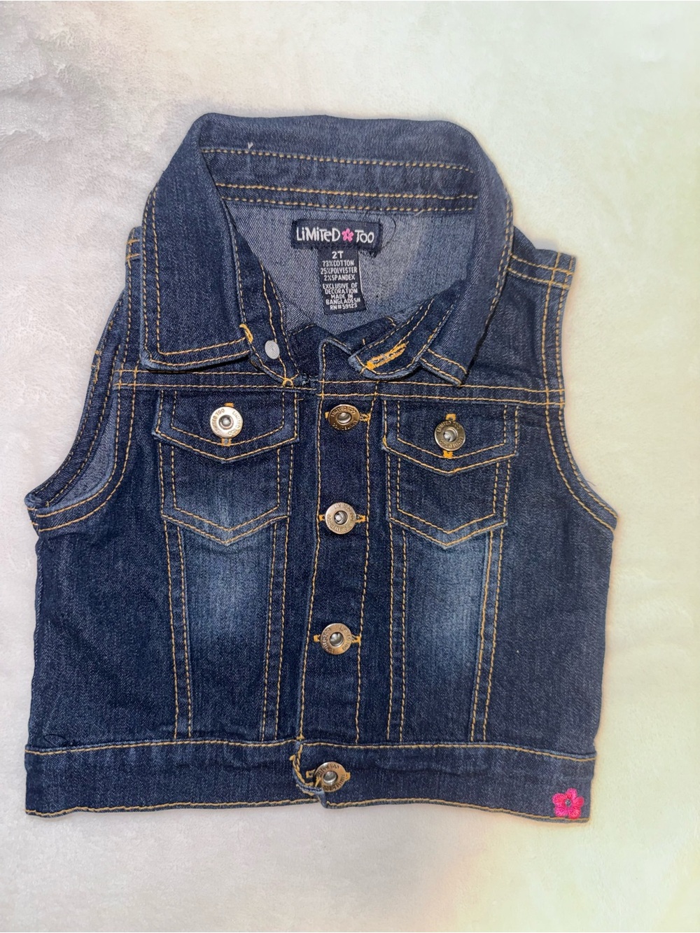 Limited Too Dark Blue Denim Sleeveless Jacket with Pink Flower Accent